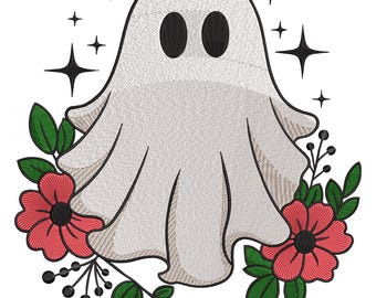 Cute Ghost with Flowers Embroidery Design, Halloween Ghost Machine Embroidery File, Autumn Spooky Ghost Embroidery, Boo Embroidery Design