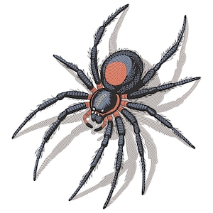Peut inclure: Illustration brodée d'une araignée noire, avec des pattes bleues et un abdomen rouge. Le dessin détaillé inclut un effet d'ombre sur fond blanc. Les pattes de l'araignée sont longues et fines.