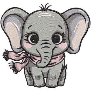 May include: Embroidered image of a cute grey elephant with large, expressive eyes and a pink scarf. The elephant has large ears and a trunk, and is standing upright. The image is a cartoon style.