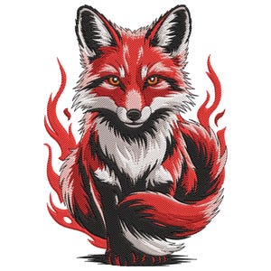Op de afbeelding: Geborduurd ontwerp van een rode vos met witte en zwarte accenten, tegen een achtergrond van gestileerde rode vlammen. De vos is afgebeeld in een voorwaartse pose, met gedetailleerde vacht en doordringende oranje ogen.