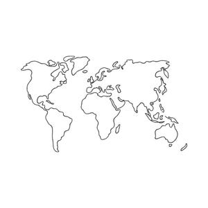 Puede incluir: Un dibujo lineal en blanco y negro de un mapa del mundo. Los continentes están delineados con líneas punteadas, mostrando las formas de América del Norte y del Sur, Europa, África, Asia y Australia.