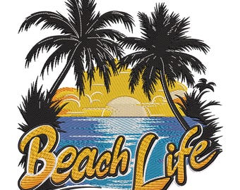Diseño de bordado de vida playera, archivo de bordado a máquina de verano, bordado de elementos de vida marina, archivo de diseño de bordado a máquina EMB, PES, dgt