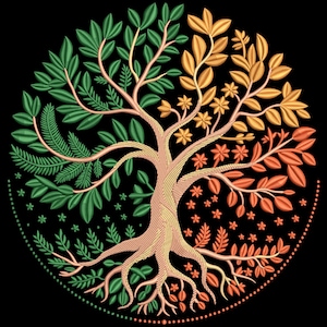 May include: Circular embroidered design of a tree with roots, trunk, branches, and leaves in shades of green, orange, and yellow. The tree is centered on a black background, with a dotted border. The design is detailed and intricate.