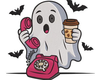 Borduurontwerp spook met koffie en telefoon, schattig machineborduurbestand voor Halloween, direct downloaden