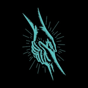May include: An embroidered design of two hands clasped together, rendered in a teal color against a black background. The design features detailed stitching and radiating lines emanating from the point of contact, creating a sense of light.