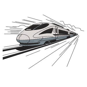 May include: An embroidered design of a high-speed train in motion. The train is primarily light grey with black accents and windows. Speed lines emanate from the train, suggesting rapid movement. The design is on a white background.
