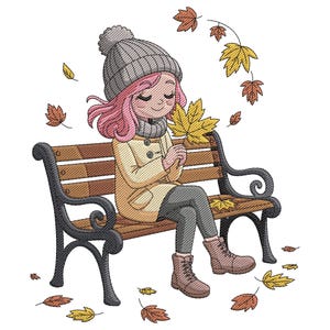 May include: An embroidered illustration of a person with pink hair wearing a gray knit hat, scarf, and coat, sitting on a park bench. The person is holding a yellow leaf, with falling autumn leaves around them. The bench has a brown seat and black metal arms.