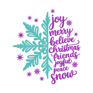 Pode incluir: Um design de floco de neve turquesa e roxo com as palavras "joy, merry, believe, Christmas, friends, joyful, peace, snow". O design também inclui pequenas formas de estrela roxas. A imagem está em um fundo branco.