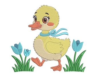 Cute Duckling with Blue Ribbon Embroidery Design, Baby Duck Machine Embroidery File, Instant Download