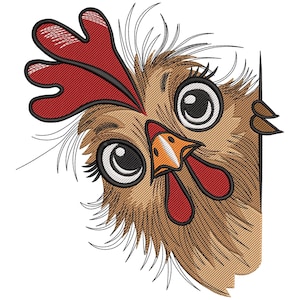 May include: A whimsical embroidered design of a chicken's head, peeking from the side. The chicken features large, expressive eyes, a red comb and wattle, and detailed brown and tan feathers. The design is on a white background.
