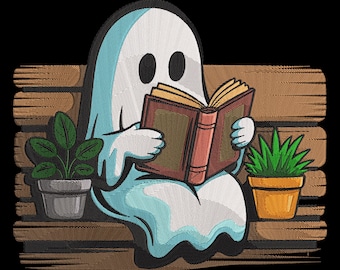 Diseño de bordado de planta fantasma para lectura acogedora, archivo digital de bordado a máquina de libro de Halloween, descarga instantánea