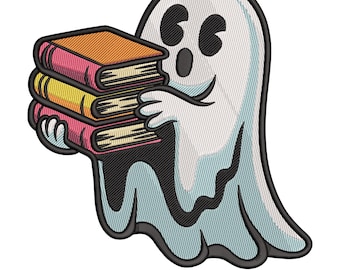 Diseño de bordado de fantasma con libros, archivo de bordado a máquina para amantes de la biblioteca de Halloween, descarga instantánea
