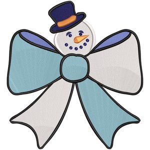 May include: An embroidered design featuring a snowman's face atop a bow. The bow has light blue and white sections with black trim. The snowman has a blue top hat with an orange band, a carrot nose, and black dot eyes and mouth.