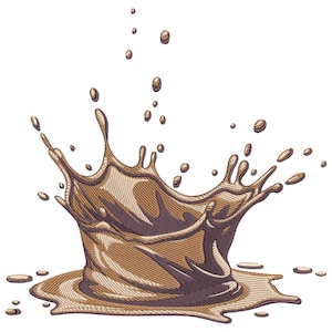 May include: A detailed illustration of a liquid splash in shades of brown and tan. The splash is depicted with intricate lines, creating a textured effect. Several droplets are suspended above the main splash, adding to the dynamic feel.