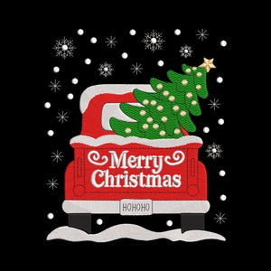 May include: A red truck with a Christmas tree in the back, embroidered on a black background. The words "Merry Christmas" are embroidered on the truck. Snowflakes and the word "HO HO HO" are also embroidered.