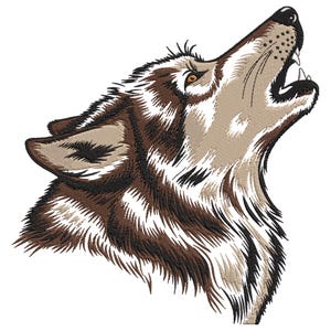 May include: An embroidered image of a howling wolf, in shades of brown, beige, and white. The wolf's head is raised, mouth open in a howl, with detailed fur and visible teeth. The design is set against a plain white background.