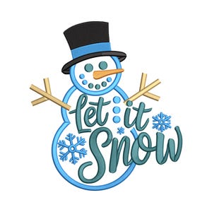 May include: A festive snowman illustration featuring a black top hat, blue details, and a carrot nose. The words "Let it Snow" are displayed in a decorative font, with snowflakes. Ideal for winter-themed projects and crafts.