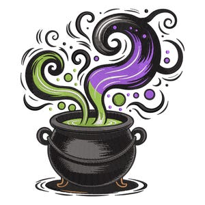 May include: A black cauldron with green and purple potion swirling upwards, surrounded by black swirls and green and purple bubbles. The cauldron has two handles and sits on a brown base, perfect for Halloween.