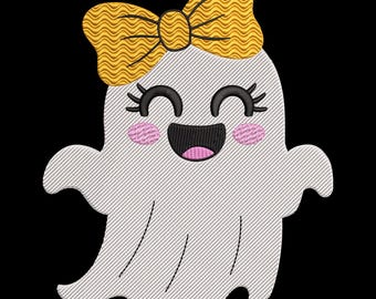 Cute Girl Halloween Ghost Embroidery Design, Yellow Bow Machine Embroidery Digital File, Instant Download