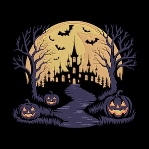 May include: A Halloween-themed design featuring a spooky castle silhouette, bats, and jack-o'-lanterns against a full moon. The artwork is rendered in shades of black, purple, and yellow, creating a festive and eerie atmosphere.