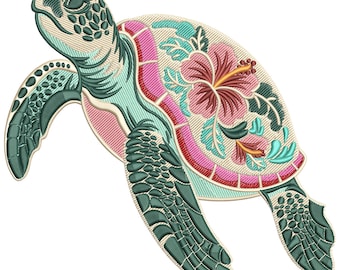 Floral Sea Turtle Embroidery Design: Tropical Hibiscus Flowers Machine Embroidery Digital File, (Instant Download)