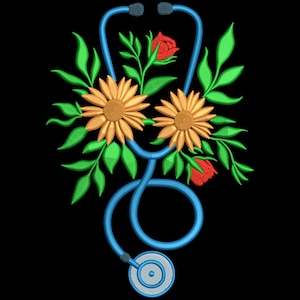 Floral Stethoscope Embroidery Design, Flower Split Stethoscope Embroidery File, Heart Beat Embroidery File, Machine Embroidery Designs