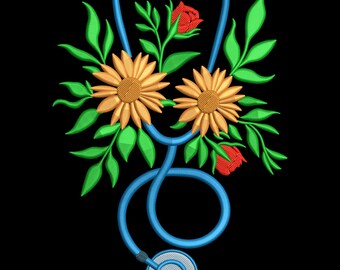 Floral Stethoscope Embroidery Design, Flower Split Stethoscope Embroidery File, Heart Beat Embroidery File, Machine Embroidery Designs