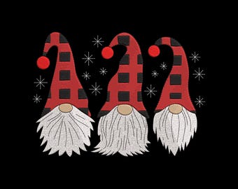 May include: Three embroidered gnomes with red and black buffalo plaid hats and white beards. Each gnome has a red ball on the tip of its hat. White snowflakes are scattered around the gnomes on a black background.