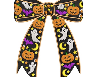 Halloween Decor Bow Embroidery Design, Ghost Pumpkin Bat Ribbon Machine Embroidery File, Instant Download