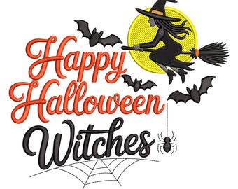 Happy Halloween Witches Embroidery Design, Spider & Bat Machine Embroidery Digital File, Instant Download