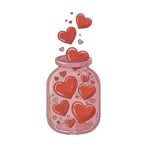 May include: An illustration of a pink jar containing red hearts, with some hearts floating upwards. The jar and hearts have a textured, stitched design. A Valentine's Day or love-themed image.