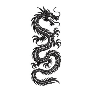 Könnte beinhalten: Detaillierte schwarze Drachenillustration mit weißen Akzenten. Der Drache ist in einer serpentinenartigen Pose dargestellt, mit scharfen Krallen, einem langen Schwanz und einem detaillierten Kopf. Das Design ist vor einem weißen Hintergrund.