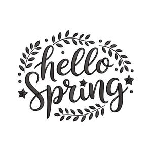 以下が含まれることがあります： 黒と白のグラフィックで、筆記体の「hello spring」の文字が葉と星のリースで囲まれています。春をテーマにしたクラフトや装飾に最適です。