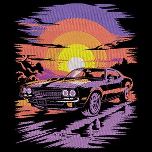 Retro Muscle Car Sunset Embroidery Design, Vintage Car Embroidery File, Vehicle Machine Embroidery File, Machine Embroidery Design