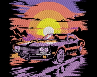 Retro Muscle Car Sunset Embroidery Design, Vintage Car Embroidery File, Vehicle Machine Embroidery File, Machine Embroidery Design