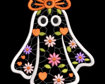 Floral Ghost with Bow Embroidery Design, Flowers Halloween Machine Embroidery Digital File, Instant Download