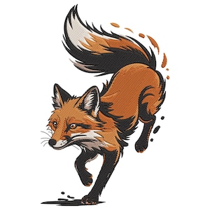 May include: An embroidered fox design in orange, black, and white. The fox is shown mid-stride with its tail arched, displaying detailed fur and a dynamic pose. The design is set against a white background.