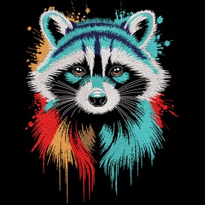 May include: Embroidered raccoon portrait with a splash of colour. The raccoon features teal, white, and black fur, with brown eyes and a pink nose. Splashes of red, yellow, and teal surround the raccoon on a black background.