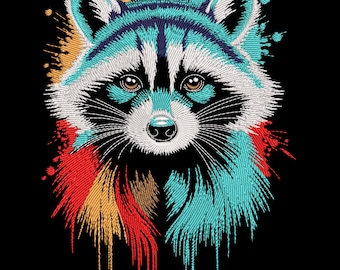 Bunter Waschbär Stickdatei, Süßer Waschbär Stickdatei, Trash Panda Stickdatei, Farbspritzer Waschbär Stickdatei