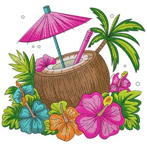 May include: A vibrant illustration of a tropical cocktail served in a coconut shell, complete with a pink parasol and straw. The coconut is surrounded by colourful hibiscus flowers and lush green foliage, creating a summery, holiday vibe. The design is detailed and eye-catching.