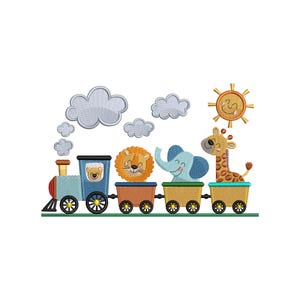 May include: Embroidered train with animal characters, including a lion, elephant, and giraffe. The train is blue, orange, and yellow, with a smiling sun and fluffy clouds in the background. The design is suitable for children's items.