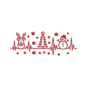 May include: Red Christmas-themed design featuring a reindeer, Christmas tree, and snowman, all connected by a heartbeat line. Red stars are scattered around the figures on a white background. Festive and seasonal.
