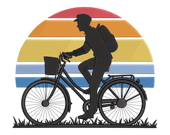 Bicycle Rider Embroidery Design, Retro Cycling Sunset Embroidery File, Bike Lover Machine Embroidery, Instant Download