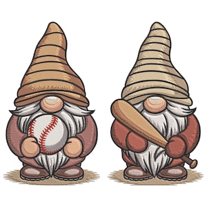 May include: Two embroidered baseball gnomes. One gnome holds a baseball with red stitching, the other holds a wooden baseball bat. Both gnomes have brown hats, white beards, and red and brown outfits.