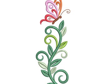 Butterfly Floral Vine Embroidery Design, Butterfly Flower Machine Embroidery File, Instant Download