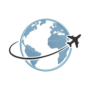 May include: An embroidery design featuring a light blue globe with white continents, encircled by a thin light blue ring. A black airplane silhouette is positioned on the right side, following a curved black flight path line around the globe.