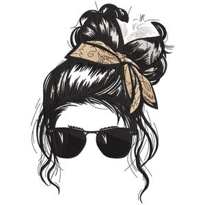 May include: Embroidered design featuring a woman's hairstyle in black and white. The hair is styled in a messy bun, with a tan bandana tied around it. Black sunglasses cover the eyes. Suitable for embroidery, clothing, or accessories.