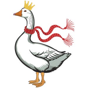 Op de afbeelding: Een cartoon illustratie van een witte gans met een gouden kroon en een rode sjaal met kwastjes. De gans heeft een oranje snavel en poten, en grijze schaduw op zijn vleugels en staart. De afbeelding staat tegen een witte achtergrond.