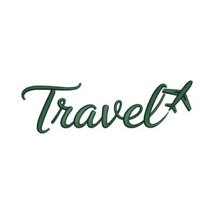 May include: Dark green cursive text that reads "Travel" with a stylized airplane icon integrated into the letter "L". The design is set against a clean white background.