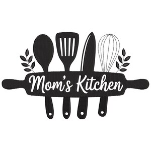 May include: A black and white kitchen design with the text "Mom's Kitchen" on a rolling pin. The design includes a spoon, spatula, knife, and whisk, with decorative sprigs on either side.